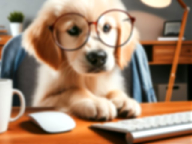 Cachorro con gafas frente a un ordenador (imagen creada con inteligencia artificial)