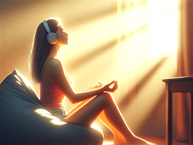 Imagen creada con AI de una chica escuchando música frente a una ventana soleada