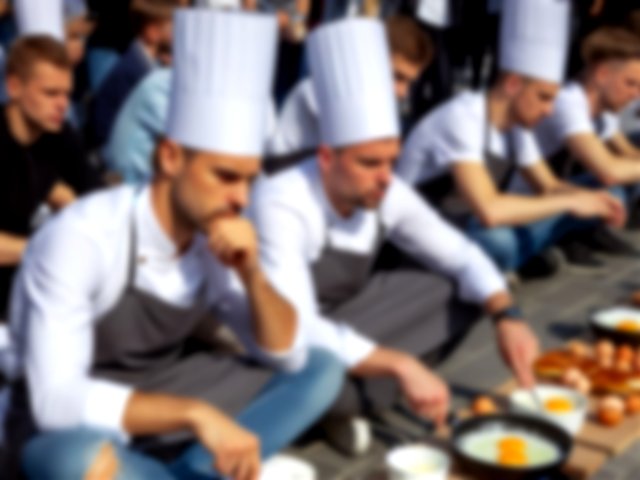 varios hombres con uniforme de cocinero cocinando huevos en una acera (imagen creada por AI)