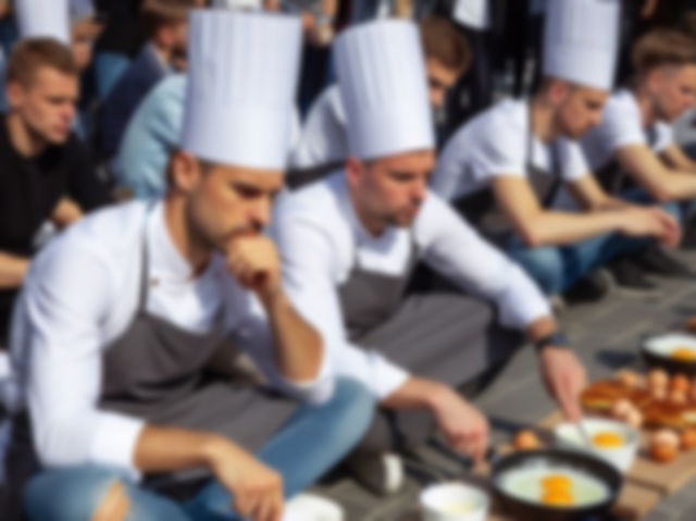 varios hombres con uniforme de cocinero cocinando huevos en una acera (imagen creada por AI)