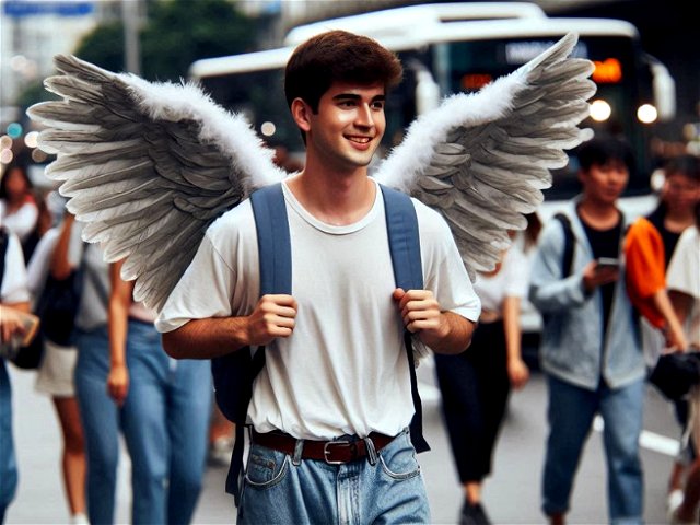 imagen creada por AI de un chico joven con alas de ángel caminando por la calle