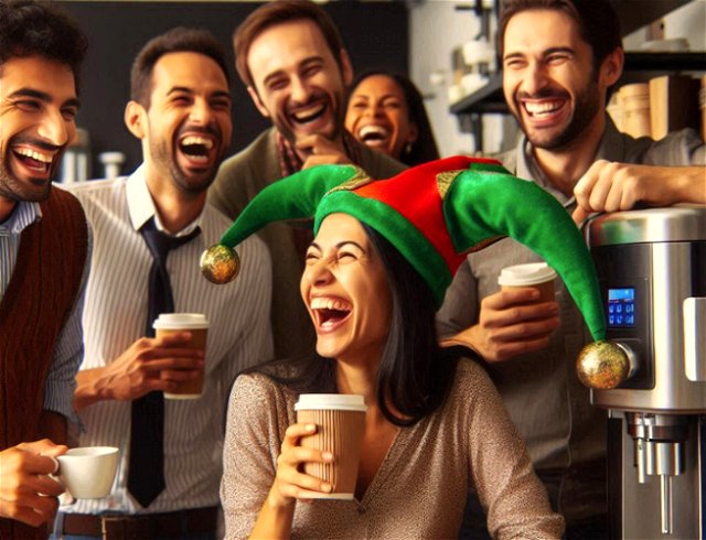 imagen creada con IA de una mujer con gorro de bufón contando chistes durante el café en el trabajo