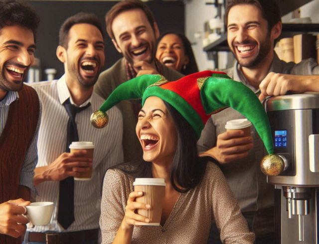 mulher com chapéu de bobo contando piadas enquanto toma café no trabalho_gerada por IA