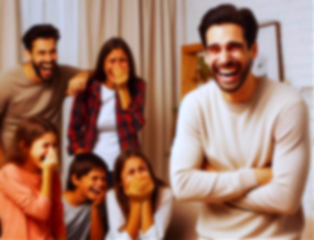 imagen creada con IA de una familia riendo a carcajadas de los chistes de uno de ellos