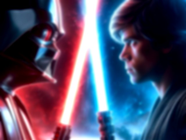 Imagen creada con AI que muestra a Darth Vader y a un Jedi enfrentados con sus láser