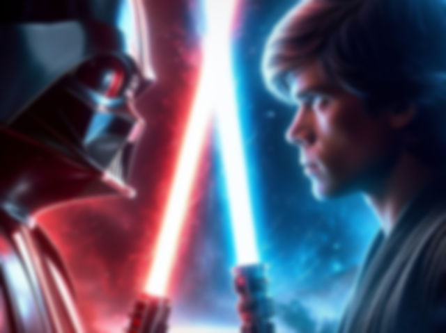 Imagen creada con AI que muestra a Darth Vader y a un Jedi enfrentados con sus láser