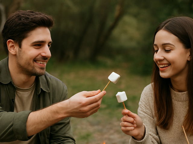 casal comendo marshmallows em palito