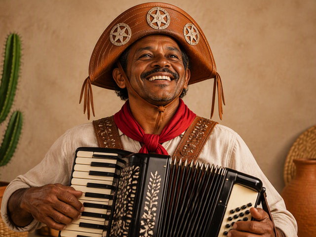 nordestino sorridente usando chapéu e tocando sanfona