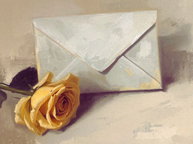 sobre de carta junto a una rosa amarilla