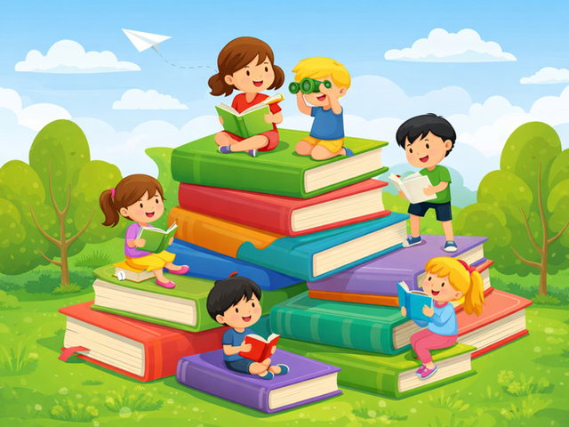 desenho infantil de crianças divertidas lendo em cima de pilha de livros