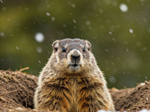 Día de la Marmota: marmota sale de su madriguera mientras nieva