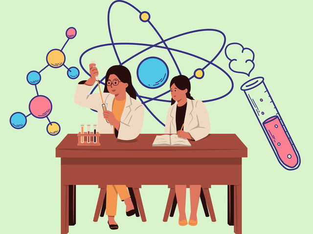 Mujer y ni&ntilde;a cient&iacute;ficas