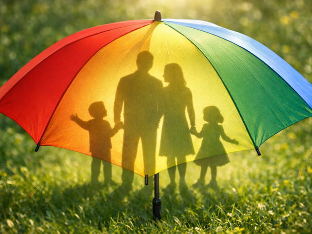 sombra de família embaixo de guarda-chuva colorido