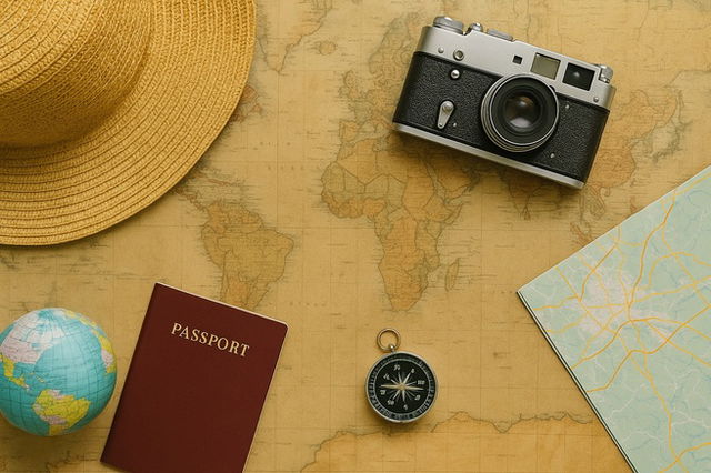 Chapéu, passaporte, bússola e mapa - dia mundial do turismo