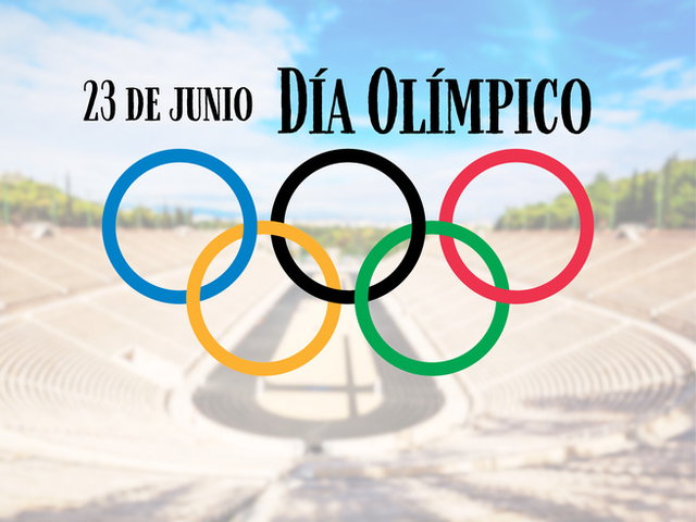 Día Olímpico: aros olímpicos con el estadio de fondo