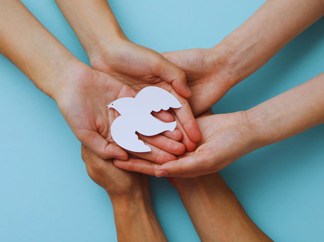 Día Mundial de la Paz y la Comprensión: manos unidas sostienen una paloma de papel