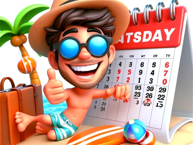 Imagen creada con AI de un hombre joven junto al calendario en actitud festiva en la playa