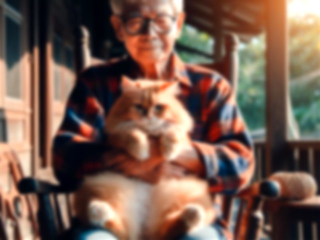 Imagen creada con inteligencia artificial de un señor mayor con gafas abrazando a su gato en el regazo