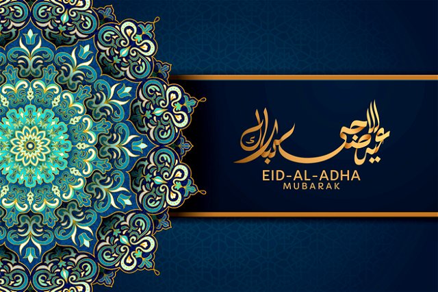 the text “Eid-al-adha mubarak on a dark blue decorated background