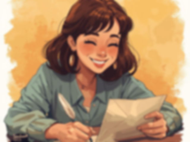 mujer escribe sonriente una carta