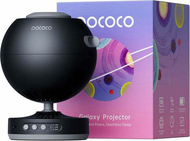 A black Pococo galaxy projector with a spherical design mounted on a small base, shown beside its colorful product box, featuring buttons for settings and a lens used to project star and galaxy visuals.
