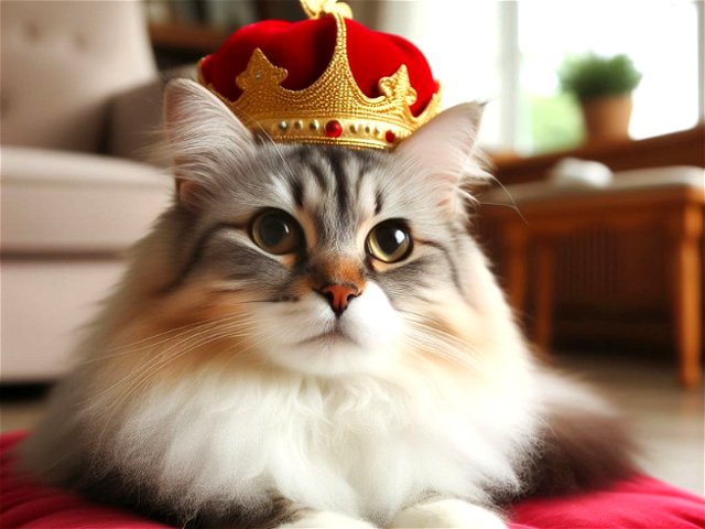 Imagen creada con inteligencia artificial de un gato con una corona simulando ser el rey de la casa