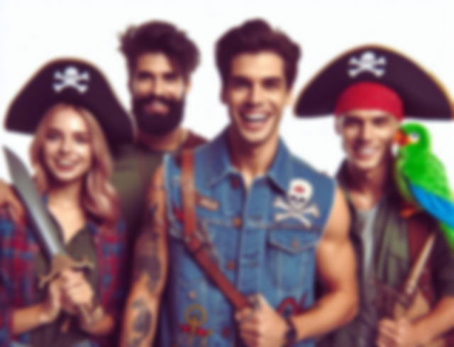 grupo de amigos disfarçados de piratas_gerada por IA