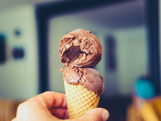 Hand holding chocolate ice cream cone