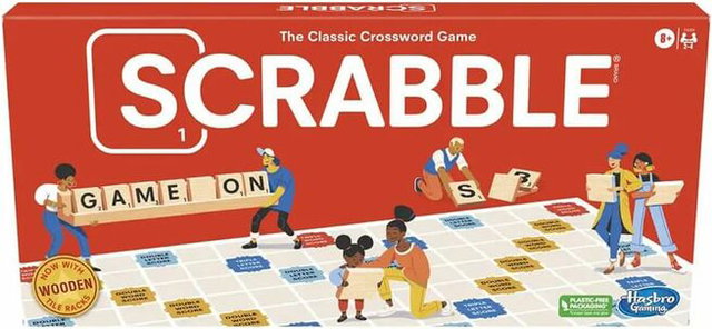 Scrabble classic board game box featuring a bright red design with illustrated people playing and holding letter tiles that spell words like “GAME ON.” The image shows the Scrabble board with bonus squares, highlights wooden tile racks, and indicates the game is suitable for ages 8 and up, published by Hasbro Gaming.