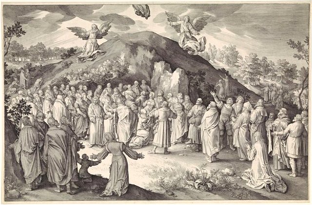 A black and white etching of the ascension of jesus - a crowd of people staring up as Jesus, accompanied by two angels, leaves the top of the image
