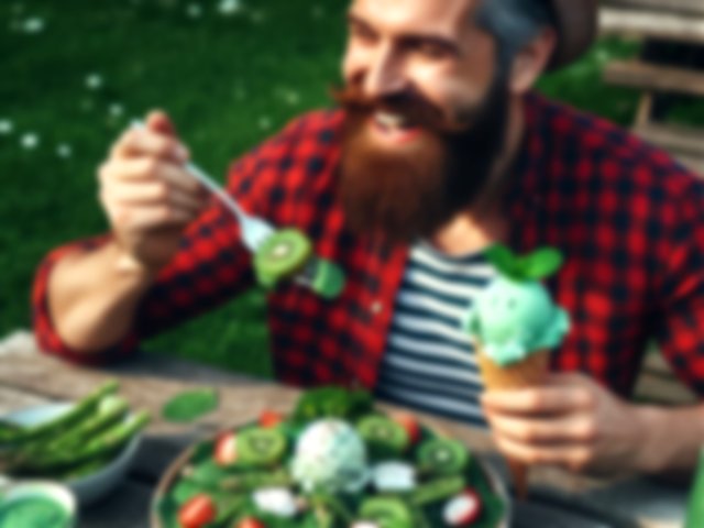 Imagen creada con AI de un hombre con barba comiendo alimentos verdes