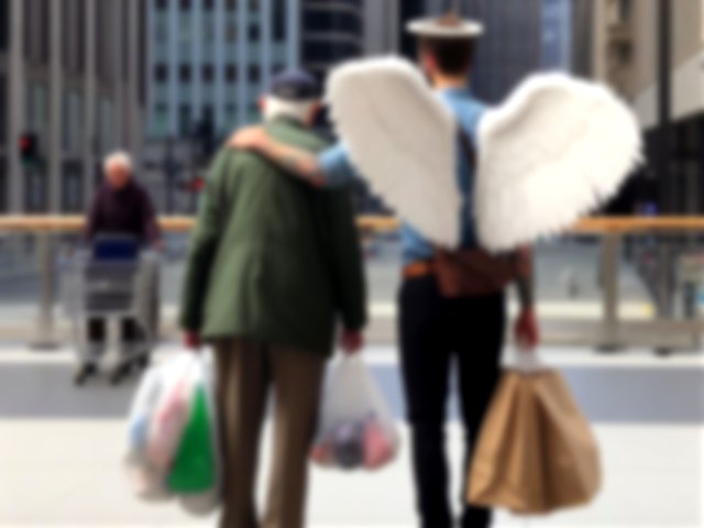 imagen creada con AI de un hombre con alas de ángel ayudando a un anciano a cruzar y cargar sus compras