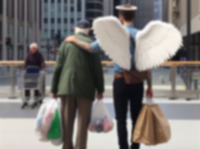 imagen creada con AI de un hombre con alas de ángel ayudando a un anciano a cruzar y cargar sus compras