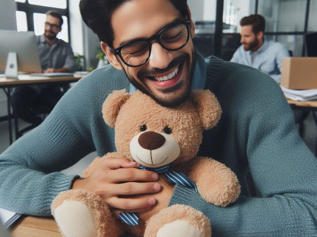 Hombre abraza con cariño su osito de peluche en la oficina