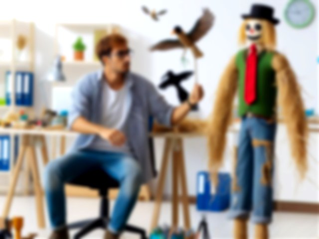 Imagen creada por AI de un hombre construyendo un espantapájaros en su despacho