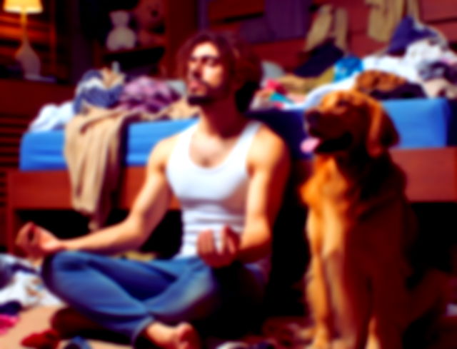 imagen creada con IA de un hombre junto a su perro meditando en medio del caos