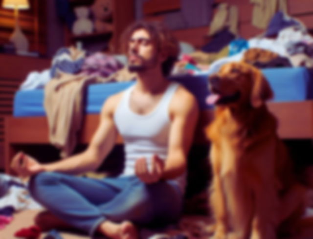 imagen creada con IA de un hombre junto a su perro meditando en medio del caos