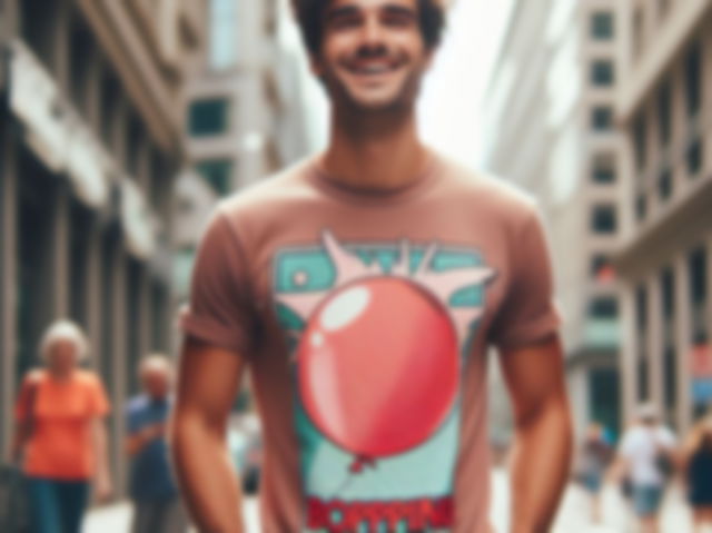 homem andando na rua com ar relaxado usando camiseta estampada com um balão_gerada por IA