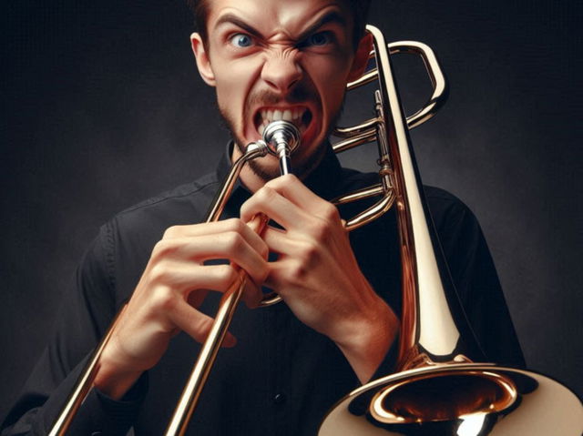 hombre enfadado tocando un trombón_generada por IA