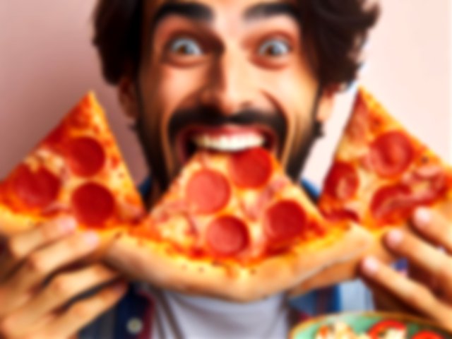 homem comendo três pedaço de pizza ao mesmo tempo_gerada por IA