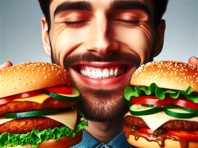 homem feliz com dois hamburgueres junto ao rosto