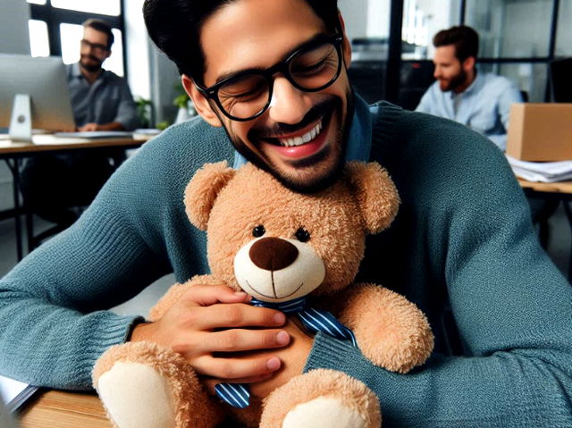 homem feliz no trabalho segurando seu peluche_gerada por IA