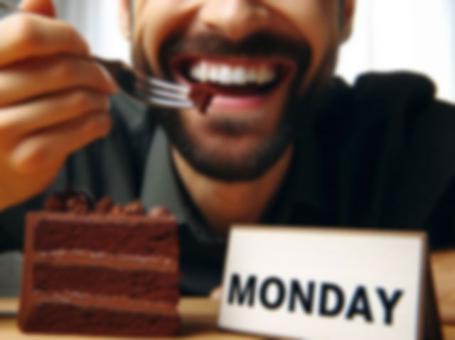 hombre feliz por estar comiendo un pastel de chocolate en la merienda del lunes_generada por IA