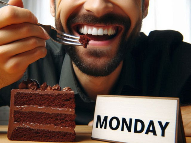 homem feliz por estar comendo um bolo de chocolate no lanche de segunda-feira_gerada por IA