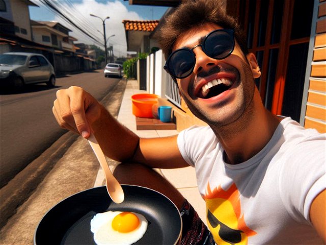 hombre con gafas de sol sostiene una sartén con un huevo frito y una cuchara (imagen creada por AI)