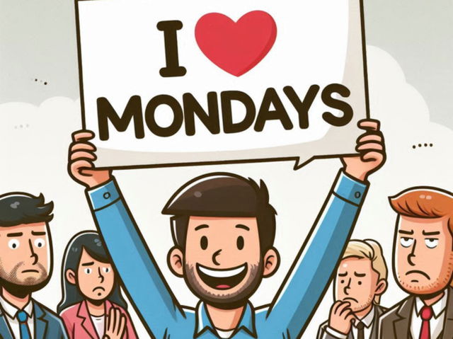 homem segurando placa I Love Mondays rodeado de pessoas com ar de desaprovação_gerada por IA