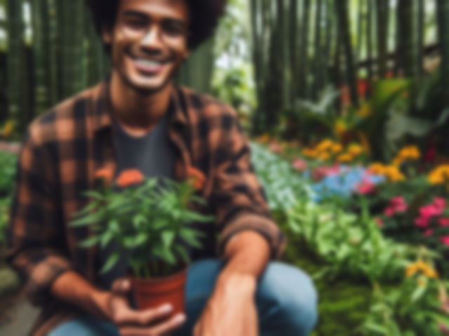 homem tirando foto com uma planta_gerada por IA