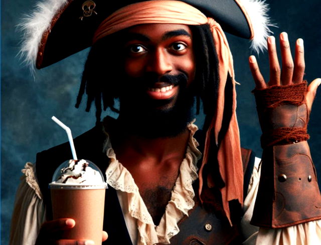 homem vestido como um pirata segurando um copo com café_gerada por IA