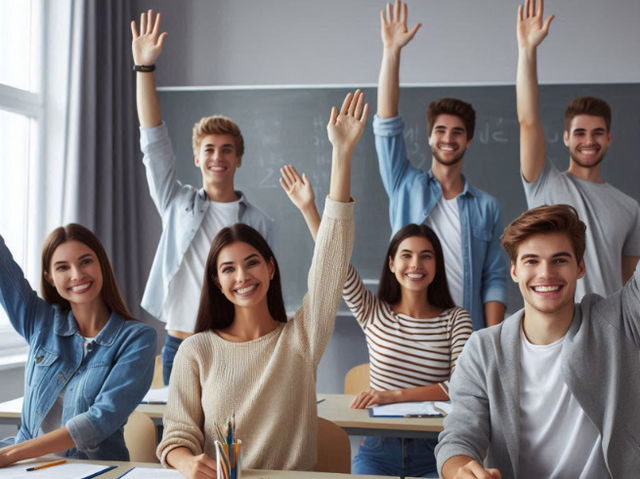 Imagen creada con IA de alumnos con el brazo levantado animados a resolver dudas