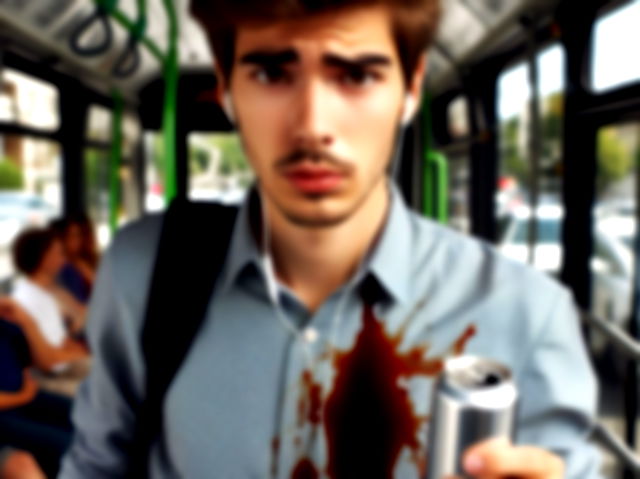 joven com refresco derramado en la camisa dentro del autobús_generada por IA